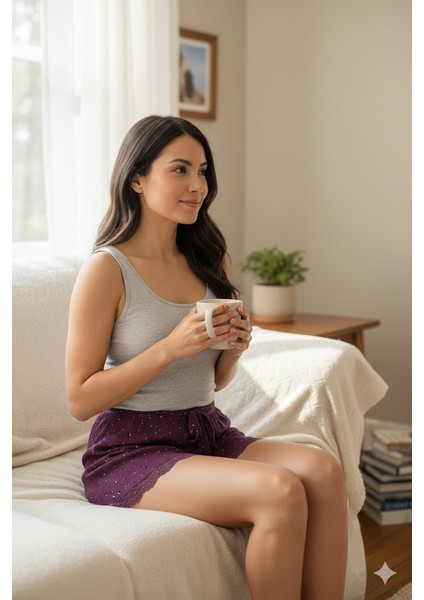 Düz Renk Mini Çiçek Desenli Penye Kadın Ev Şortu Bacak Dantel Detaylı Ev Giyim Gül Kurusu modelleri