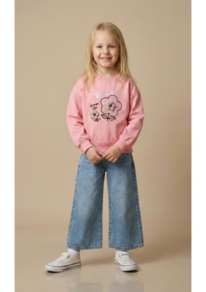 Kız Çocuk Çiçek Nakışlı Sweat Kot Pantolon Alt Üst Takım