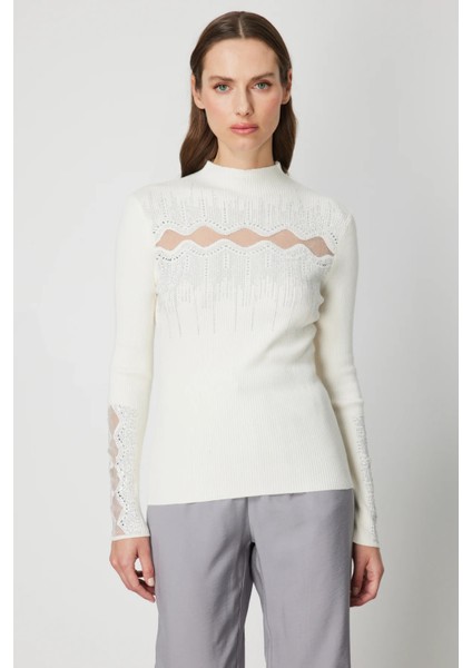 Transparan Detaylı Taşlı Triko Kazak 60387-26K