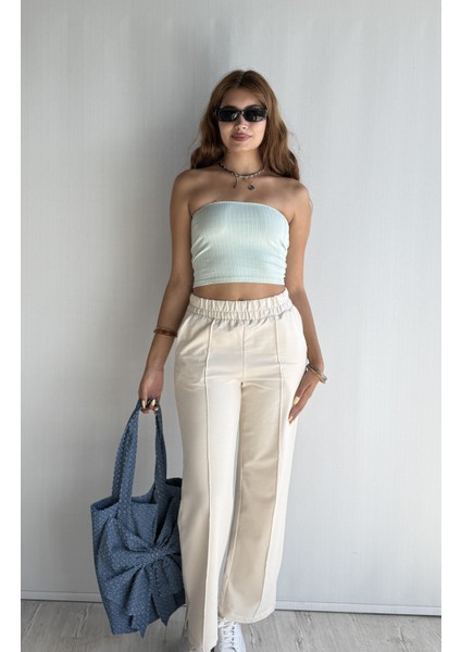 Kadın Lastikli Yüksek Bel Yırtmaçlı Bol Paça Pantolon modelleri