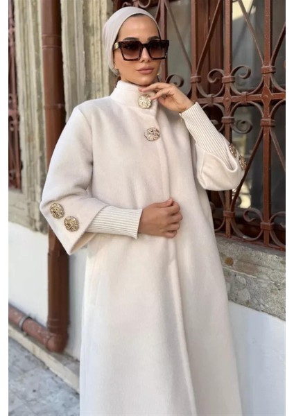 7958 Kol Ucu Ribana Detaylı Metal Düğmeli Kaşe Kaban fiyatları