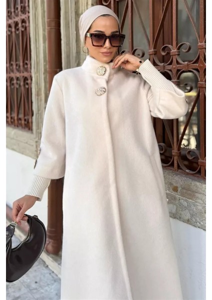 7958 Kol Ucu Ribana Detaylı Metal Düğmeli Kaşe Kaban modelleri