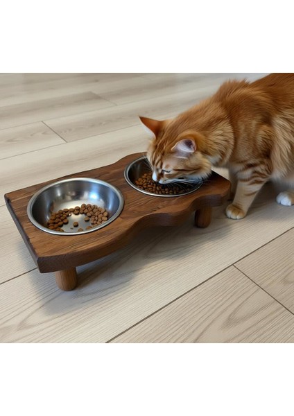 Doğal Masif Ahşap Kedi Köpek Mama Kabı Su Tası Standı Pet Shop