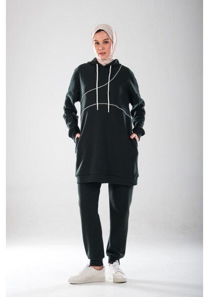 2300_KAPÜŞONLU Ara Biye Detaylı Cepli Pamuk Likralı Eşofman Takım -Double Face Sezonluk Ikili Takım