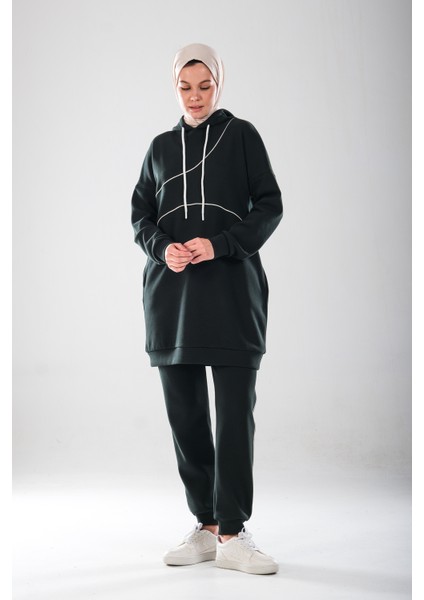 2300_KAPÜŞONLU Ara Biye Detaylı Cepli Pamuk Likralı Eşofman Takım -Double Face Sezonluk Ikili Takım indirimleri