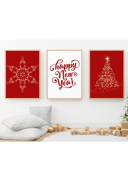 Yılbaşı Temalı Kırmızı 3'lü Tablo Seti, Yılbaşı Dekorasyon Ürünü , Yılbaşı Tablosu