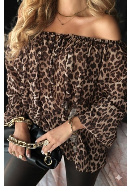 Kadın Madonna Yaka Bağcıklı Leopar Desen Detaylı Şifon Bluz fiyatları