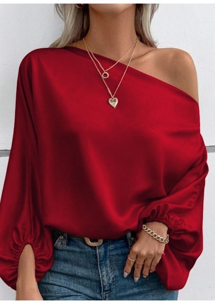 Kadın Tek Omuzu Açık Uzun Kollu Salaş Sandy Bluz fiyatları
