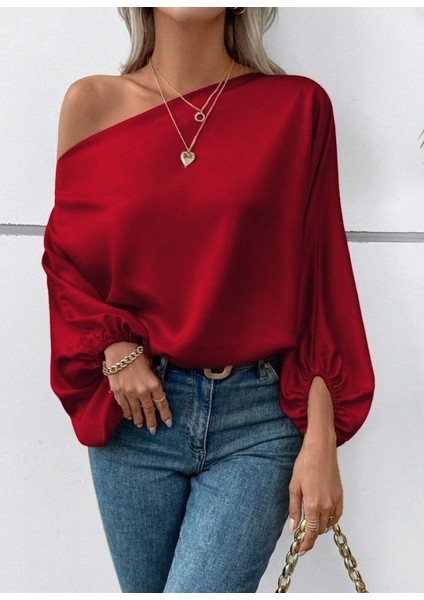Kadın Tek Omuzu Açık Uzun Kollu Salaş Sandy Bluz fırsatları