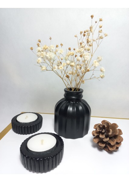 Ince Çizgili Vazo - Modern & Minimal Dekoratif Obje, Salon ve Ofis Çiçeklik, Siyah