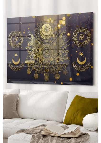 Gold Detaylı Osmanlı Tuğrası Allah Muhammed | Osmanlı Temalı Cam Tablo | 50X70 cm