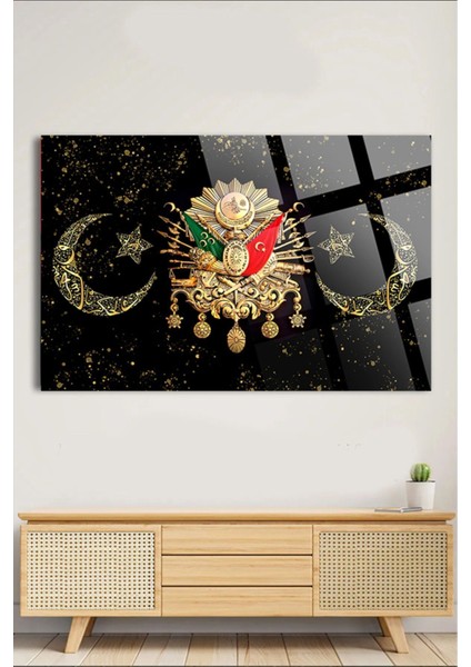 Gold Detay Osmanlı Tuğrası 4mm Kırılmaz Temperli Yüksek Çözünürlüklü Cam Tablo modelleri