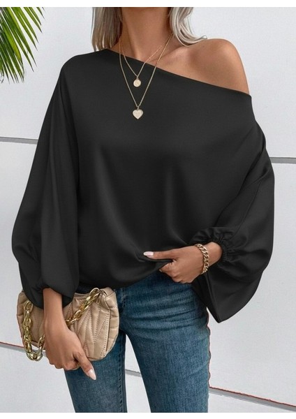 Kadın Tek Omuzu Açık Uzun Kollu Salaş Sandy Bluz modelleri