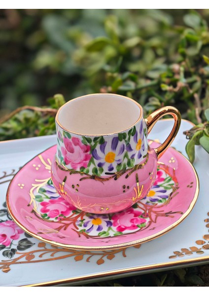 El Boyama Porselen Osmanlı Saray Kahve Fincanı-Pembe 1 Adet