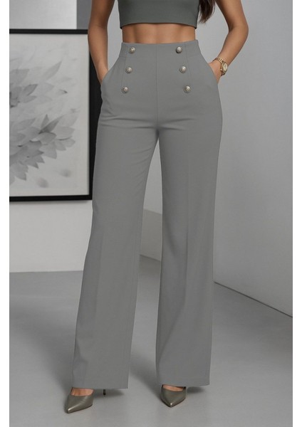 Kadın Yüksek Bel Önden Düğmeli Uzun Paçaya Doğru Geniş Ithal Krep Pantolon indirimleri