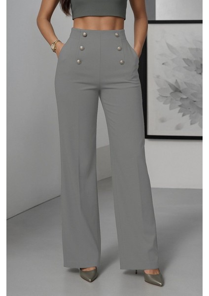 Kadın Yüksek Bel Önden Düğmeli Uzun Paçaya Doğru Geniş Ithal Krep Pantolon