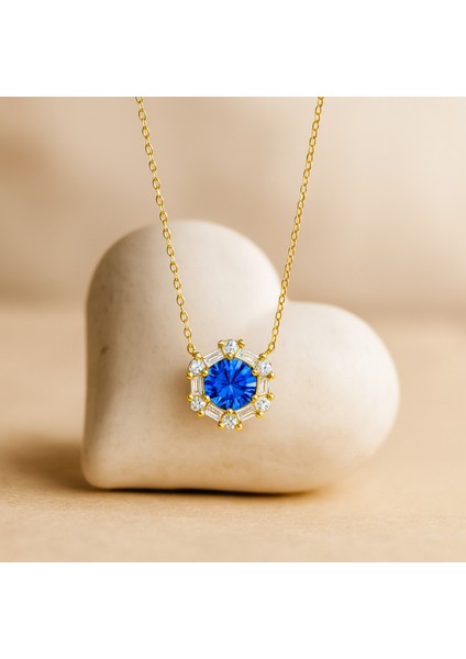 14 Ayar Altın Mavi Safir Kolye, Baget Kesim Altın Kolye