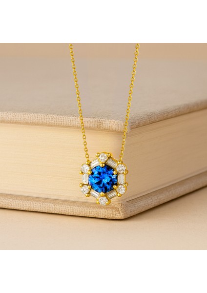 14 Ayar Altın Mavi Safir Kolye, Baget Kesim Altın Kolye modelleri