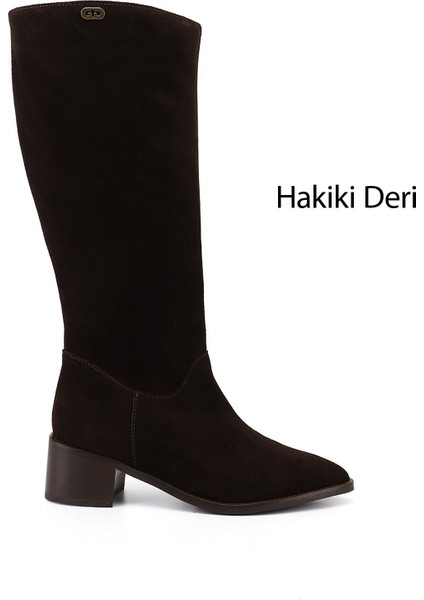 Kadın Kahve Süet Sivri Burun Kalın Topuklu Hakiki Deri Çizme