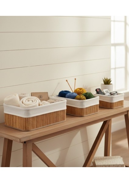 Doğal Bambu Üçlü Boy Dikdörtgen Sepet Seti - Çok Amaçlı Düzenleyici - Şık ve Modern Tasarım modelleri