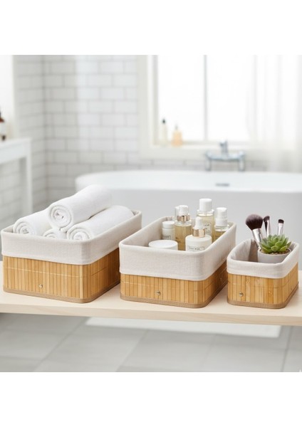 Doğal Bambu Üçlü Boy Dikdörtgen Sepet Seti - Çok Amaçlı Düzenleyici - Şık ve Modern Tasarım indirimleri