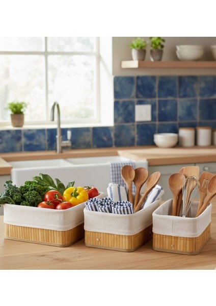 Doğal Bambu Üçlü Boy Dikdörtgen Sepet Seti - Çok Amaçlı Düzenleyici - Şık ve Modern Tasarım