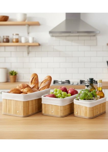 Doğal Bambu Üçlü Boy Dikdörtgen Sepet Seti - Çok Amaçlı Düzenleyici - Şık ve Modern Tasarım