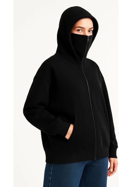Samuray Ninja Çift Kapşonlu Zıp Fermuarlı Kanguru Çepli Hoodie Maske Detaylı Swetshirt - Siyah