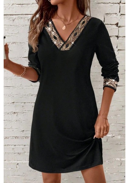 Payet Detaylı V Yaka Uzun Kollu Ithal Krep Mini Elbise - Siyah