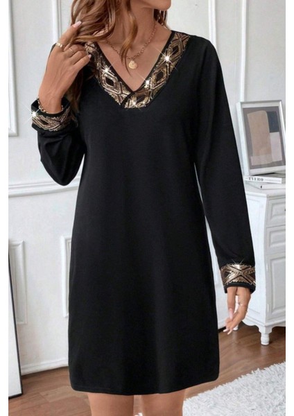 Payet Detaylı V Yaka Uzun Kollu Ithal Krep Mini Elbise - Siyah modelleri