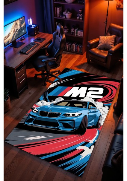 Spor Araba Desenli Kaymaz Taban Makinede Yıkanabilir Gaming Oyuncu Gamer Genç Odası Halısı