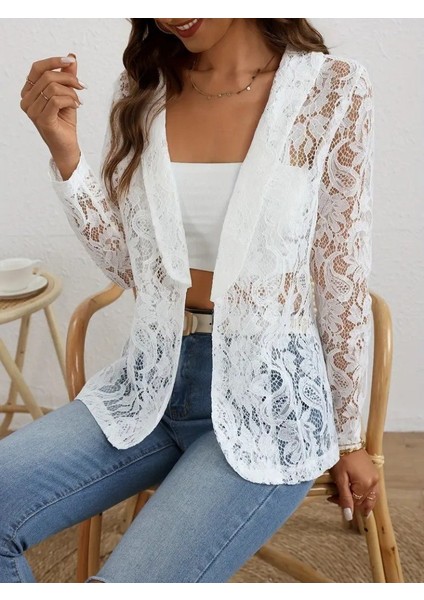 Kadın Uzun Kollu Yakalı Önü Açık Dantelli Ceket
