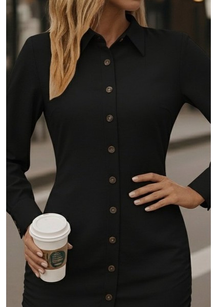 Kadın Uzun Kollu Gömlek Yaka Önden Düğmeli Yanlardan Büzgülü Kısa Aerobin Elbise