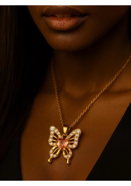 Altın Çelik Pembe Kalplı Kelebek Kölye