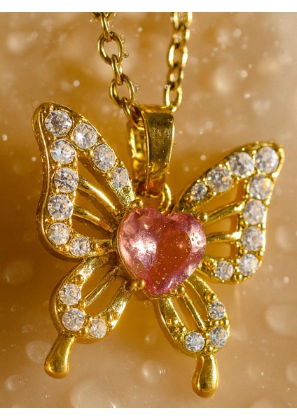 Altın Çelik Pembe Kalplı Kelebek Kölye modelleri
