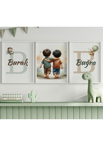 Ikiz Erkek Bebek Ayıcıklı Isim Tablo Seti, Çocuk Odası Tablo, Bebek Odası Tablo