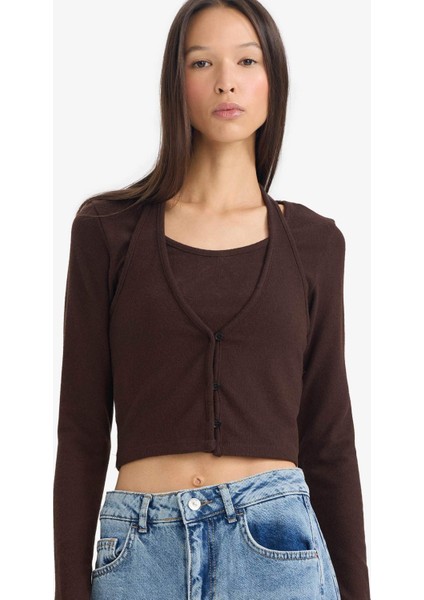 Halter Yaka Katmanlı Ribana Uzun Kollu TIŞÖRT G3668AX25WN