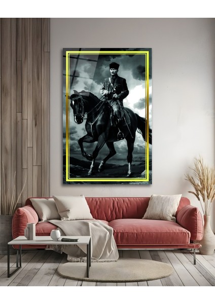 Sarı Çerçeve Görünümlü At Üstünde Atatürk Cam Tablo fırsatları