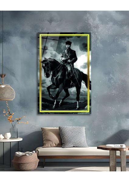 Sarı Çerçeve Görünümlü At Üstünde Atatürk Cam Tablo indirimleri
