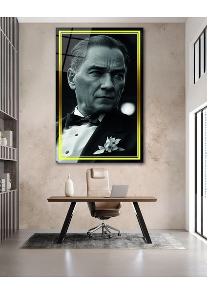 Sarı Çerçeve Görünümlü Atatürk Yan Portre Siyah Beyaz Cam Tablo