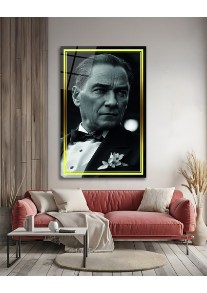 Sarı Çerçeve Görünümlü Atatürk Yan Portre Siyah Beyaz Cam Tablo fırsatları