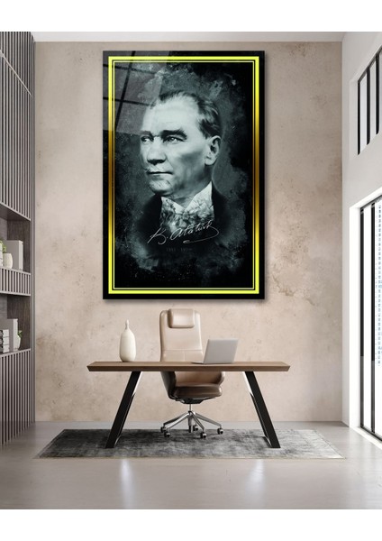 Sarı Çerçeve Görünümlü Atatürk Imzası Cam Tablo