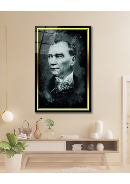Sarı Çerçeve Görünümlü Atatürk Imzası Cam Tablo fiyatları