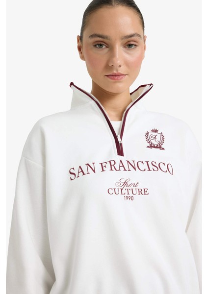 Relax Fit Polo Yaka Baskılı Kalın Sweatshirt Kumaşı SWEATSHIRT G7048AX25WN fırsatları