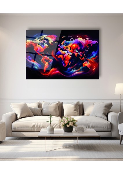 Rengarenk Dünya Haritası Cam Tablo