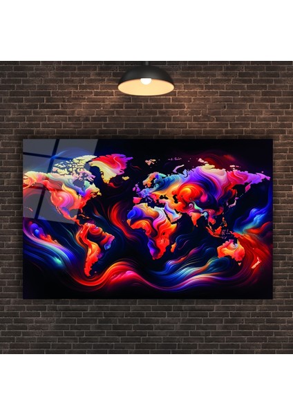 Rengarenk Dünya Haritası Cam Tablo modelleri