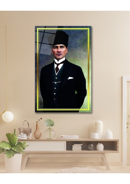 Sarı Çerçeve Görünümlü Atatürk Cam Tablo fiyatları