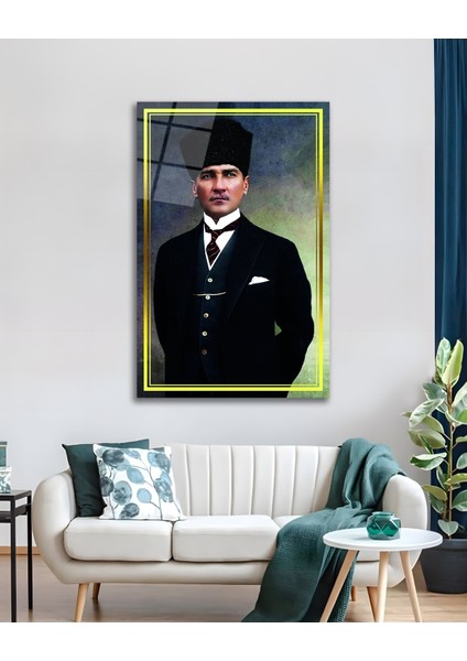 Sarı Çerçeve Görünümlü Atatürk Cam Tablo modelleri