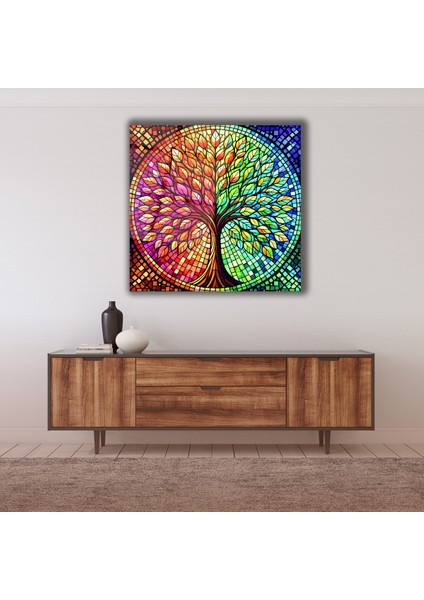 Rengarenk Hayat Ağacı Kare Cam Tablo