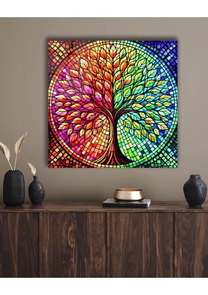 Rengarenk Hayat Ağacı Kare Cam Tablo modelleri